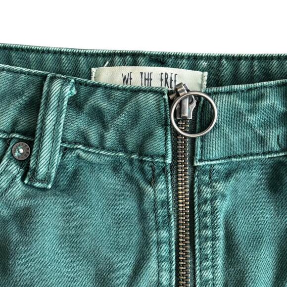 Free People Turquoise Green Denim Mini Skirt – Raw Hem Front Zip Vintage Grunge - Picture 2 of 5